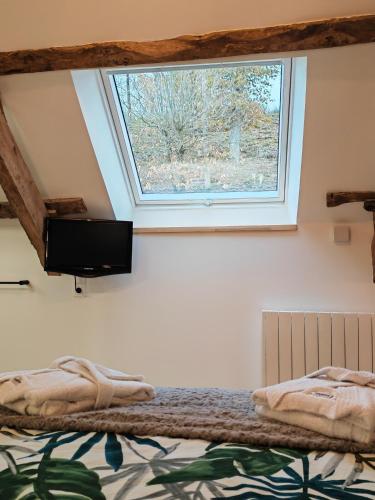 a bedroom with a bed with a window and a television at A La Mémoire de Merlin " Gîte Le Miroir Aux Fées " in Saint-Malon-sur-Mel