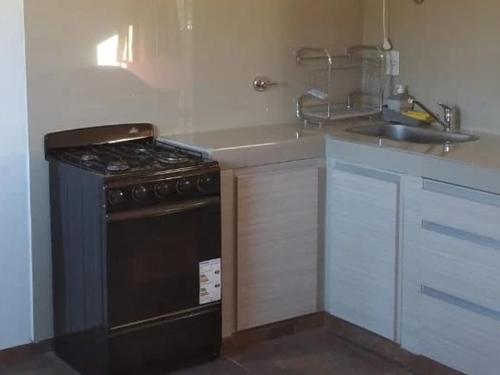 a kitchen with a black stove and a sink at El Chinchero Departamentos in Merlo
