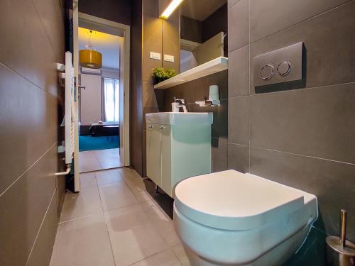 a bathroom with a blue toilet and a sink at Apartments Cilindar in Zagreb