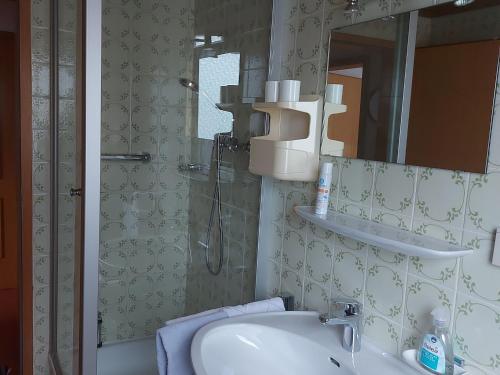 a bathroom with a sink and a mirror and a shower at Landhaus Weiß in Bad Reichenhall