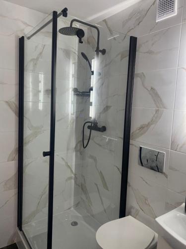 a bathroom with a shower with a toilet and a sink at Mieszkania Osmolickie Puławy Azoty in Puławy