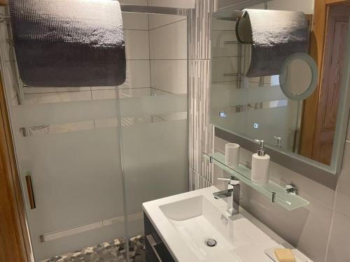 a bathroom with a sink and a shower with a mirror at Entre Lac et Montagne 4/6 personnes in Gérardmer