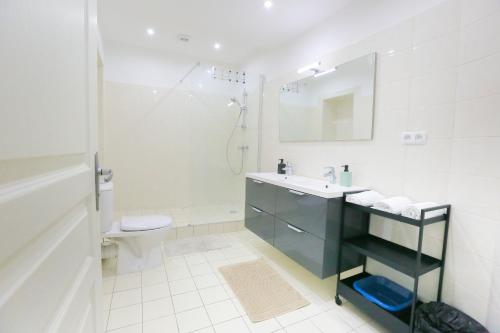 La salle de bains blanche est pourvue d'un lavabo et de toilettes. dans l'établissement La Jungle, T5 hypercentre chic et cosy, wifi, netflix par SOVALFI, à Saint-Étienne