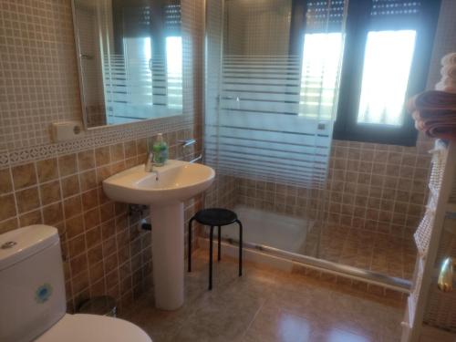 ein Bad mit einem Waschbecken, einer Dusche und einem WC in der Unterkunft APARTAMENTOS LAS ERAS in El Negredo