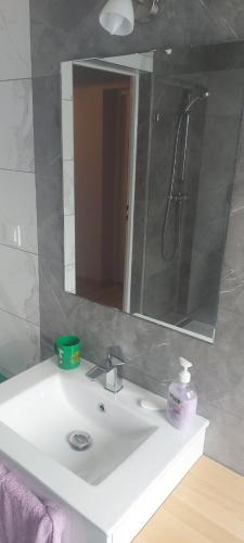 a bathroom with a sink and a large mirror at Ночлеги - HOSTEL in Tarnowo Podgórne
