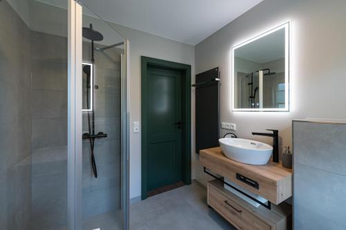 a bathroom with a sink and a shower and a mirror at Alm-Chalet Exclusive 4 in Clausthal-Zellerfeld