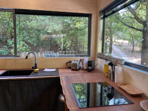 a kitchen with a sink and a large window at SUBLIME CHALET*JACUZZI*JARDIN*PLANCHA*CLIM*WIFI* in Meyreuil