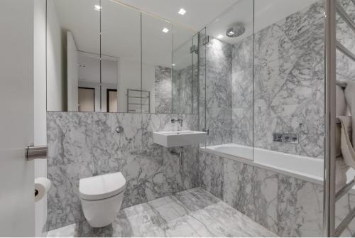a bathroom with a toilet and a sink and a shower at Synergy The Strand in London
