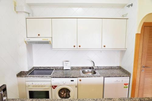 a kitchen with a sink and a washing machine at Apartamento Samil Primera Línea de Playa 2F in Vigo