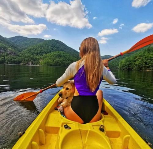 a woman paddling a kayak with a dog in it at El Encanto de Antilhue in Valdivia