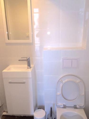 une salle de bain avec des toilettes blanches et un lavabo dans l'établissement So cute typical french apartment (46), à Paris