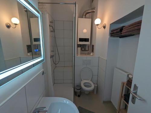 La salle de bains est pourvue de toilettes et d'un lavabo. dans l'établissement Schönes Apartment Mitten in der Stadt III, à Coblence