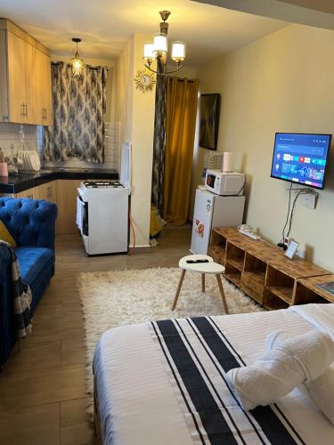 a living room with a bed and a kitchen with a tv at Ruby Modern Homes Studio-Imara Daima,Behind Imaara Mall-JKIA-Horizon in Nairobi