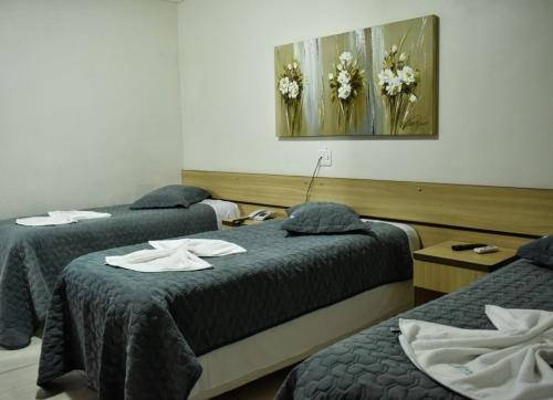 2 camas en una habitación de hotel con flores en la pared en Hotel Monet en Erechim