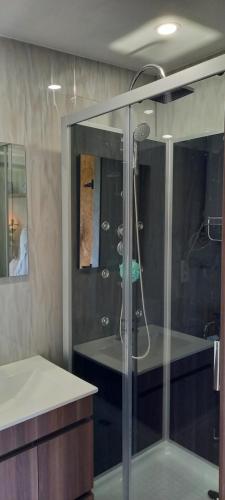 a bathroom with a shower with a glass door at Cabin Quinta Pomar Do Pontido in Cabeceiras de Basto