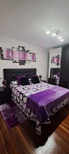 1 dormitorio con cama morada y manta morada en M&N apartamento Bilbao en Bilbao