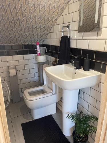 a bathroom with a sink and a toilet at Spacious loft converted bedroom with toilet only, Separate guest shower on ground floor plus free parking in Hanworth