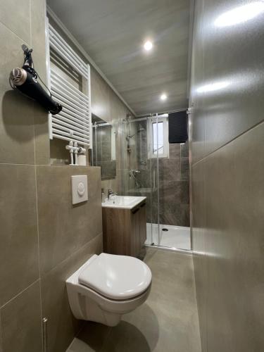 a small bathroom with a toilet and a shower at Cosy Apartment Merode 2 in Brussels