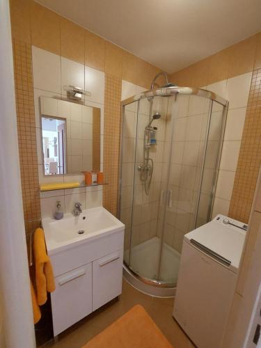 ein Bad mit einer Dusche und einem Waschbecken in der Unterkunft Apartmán Merry (9) in Bratislava
