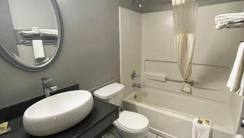 a bathroom with a toilet and a sink and a mirror at Magnuson Hotel Fort Wayne North - Coliseum in Fort Wayne