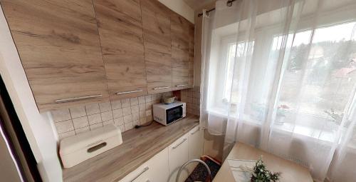 una pequeña cocina con armarios de madera y microondas en Apartment Karkonosz en Szklarska Poręba