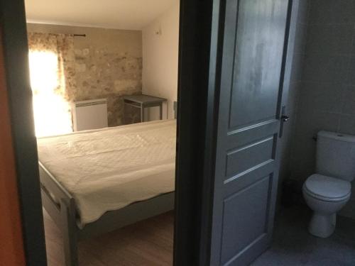 1 dormitorio con 1 cama, aseo y puerta en Petite maison sur jardin secret, en Aviñón