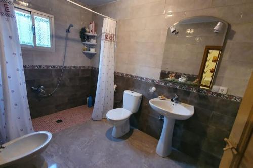 a bathroom with a sink and a toilet and a mirror at Cueva Maite in Cortes de Baza