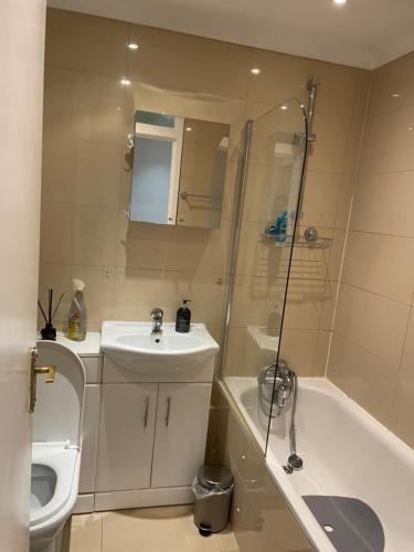 a bathroom with a sink and a shower and a toilet at 2 Bedroom Apartment Chiswick Park Tube Station in London