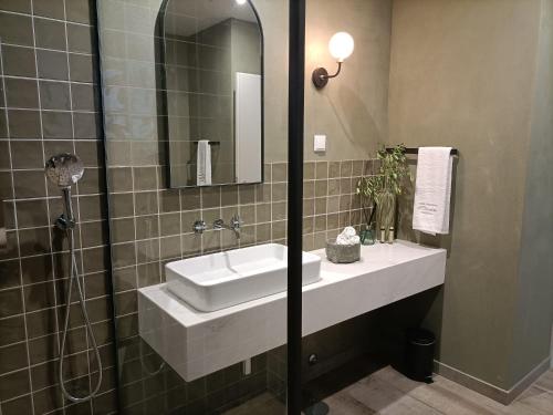 a bathroom with a sink and a shower at Casa Valxisto in Penafiel