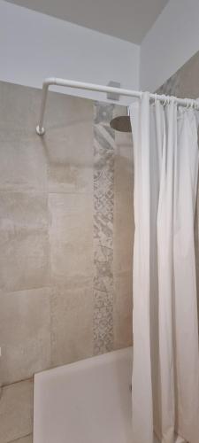 a shower with a white curtain in a bathroom at Farolfi Apartments Galliera Rooms & Apartments in Bologna