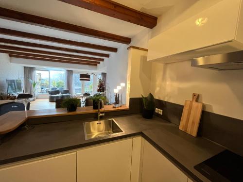 a kitchen with a sink and a living room at Guesthouse BedNboot met terras aan het water in Rijpwetering