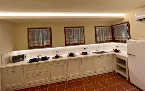 a kitchen with two sinks and a white refrigerator at Da Gianni e Villa Annamaria in Arco