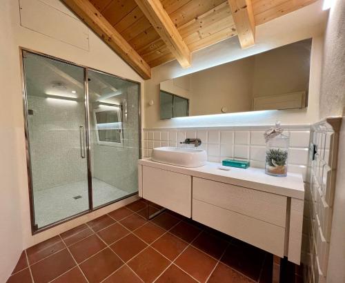 a bathroom with a sink and a glass shower at Da Gianni e Villa Annamaria in Arco