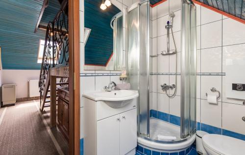 拉佛納格拉的住宿－Angel Holiday House，一间带水槽、淋浴和卫生间的浴室