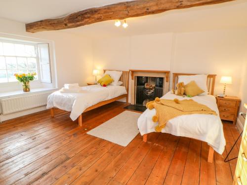 a bedroom with two beds and a fireplace at East Farm House in Humshaugh