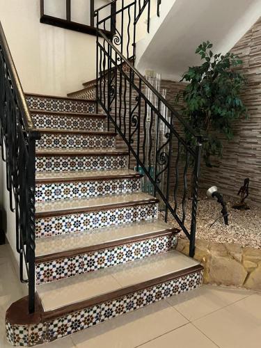 a set of stairs with a black railing and a plant at Gran Colonial Riviera in Piriápolis