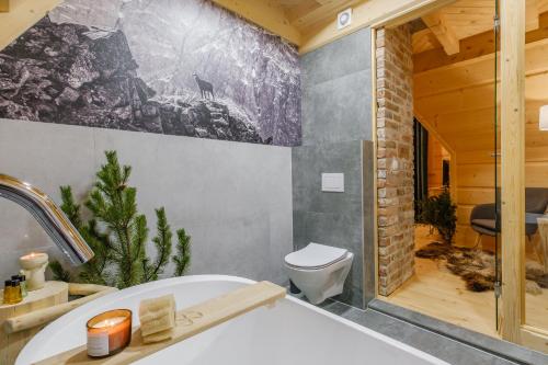 a bathroom with a tub and a toilet in a room at Domek Na Przełęczy wood house & mountain view in Murzasichle
