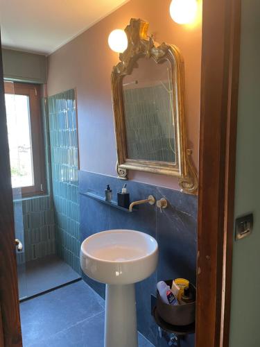 ein Bad mit einem Waschbecken, einem Spiegel und einer Dusche in der Unterkunft La Casetta di Bice al Villair di Morgex in Morgex