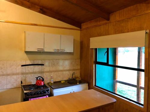 a kitchen with a stove and a sink and a window at Cabañas Vista al Paine in Torres del Paine