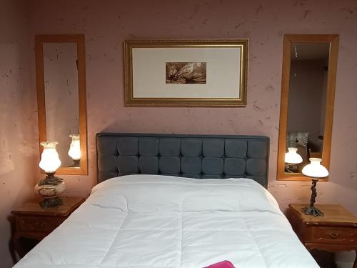 a bedroom with a bed with two lamps and two mirrors at Pousada Charqueada Costa do Abolengo in Pelotas