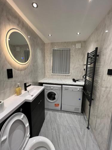 a bathroom with a toilet and a sink and a washing machine at Pembrokeshire Holiday Accommodation in Pembrokeshire