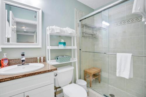 a bathroom with a shower and a toilet and a sink at 306 Coral Sands in Fernandina Beach