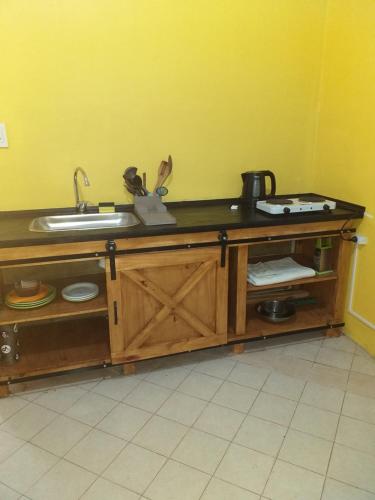 eine Küchentheke mit einem Waschbecken in einer gelben Wand in der Unterkunft Mer Departamento in Resistencia