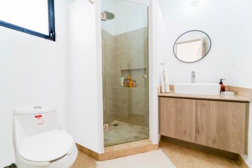 a bathroom with a shower and a toilet and a sink at Casa radiante en San Miguel de Allende in San Miguel de Allende
