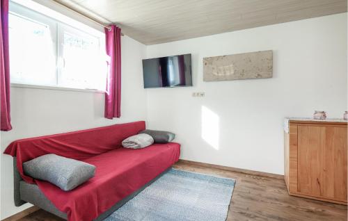 a living room with a red couch and a window at Awesome Apartment In Dalaas Wald With Wifi And 1 Bedrooms in Ausserwald
