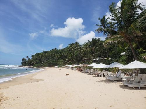 a beach with chairs and umbrellas and the ocean at Villa da Praia in Pipa