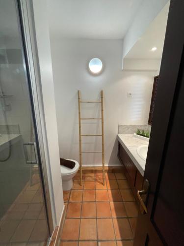 a bathroom with a toilet and a sink at CLANES LOCATION Acerola in La Trinité