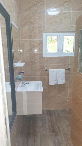 ein Badezimmer mit einem weißen Waschbecken und einer Dusche in der Unterkunft Kai Selfcatering Apartment in La Digue