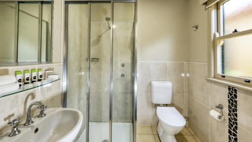 a bathroom with a toilet and a sink and a shower at Prince Of Wales Hotel Gulgong in Gulgong