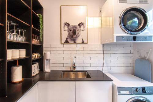 eine Küche mit Spüle und ein Bild eines Hundes in der Unterkunft Pembroke House - Inner city luxury in Cairns